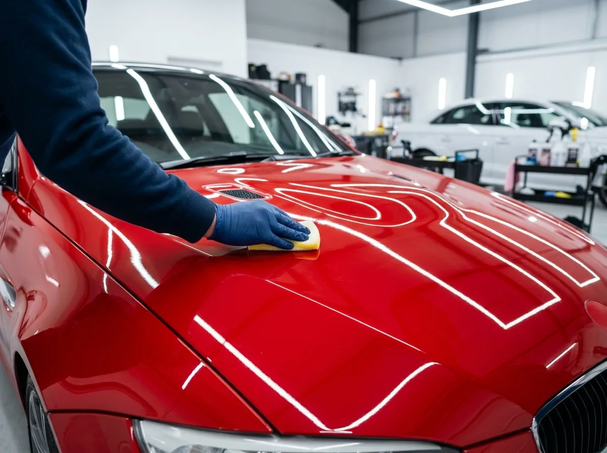 Technician applying protective sealant to freshly painted red BMW M3 hood at Stow Smash Repairs