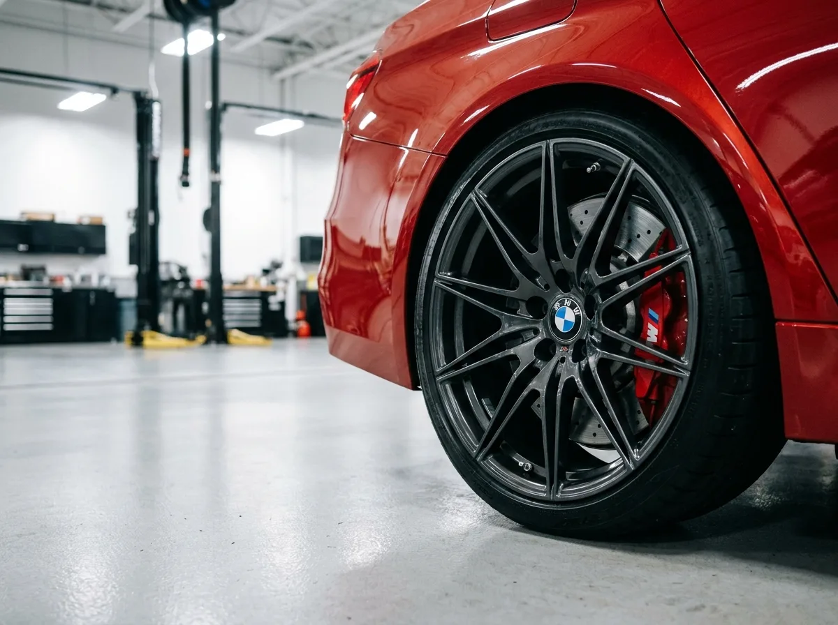 Close-up of a red BMW M3 wheel with a red brake caliper