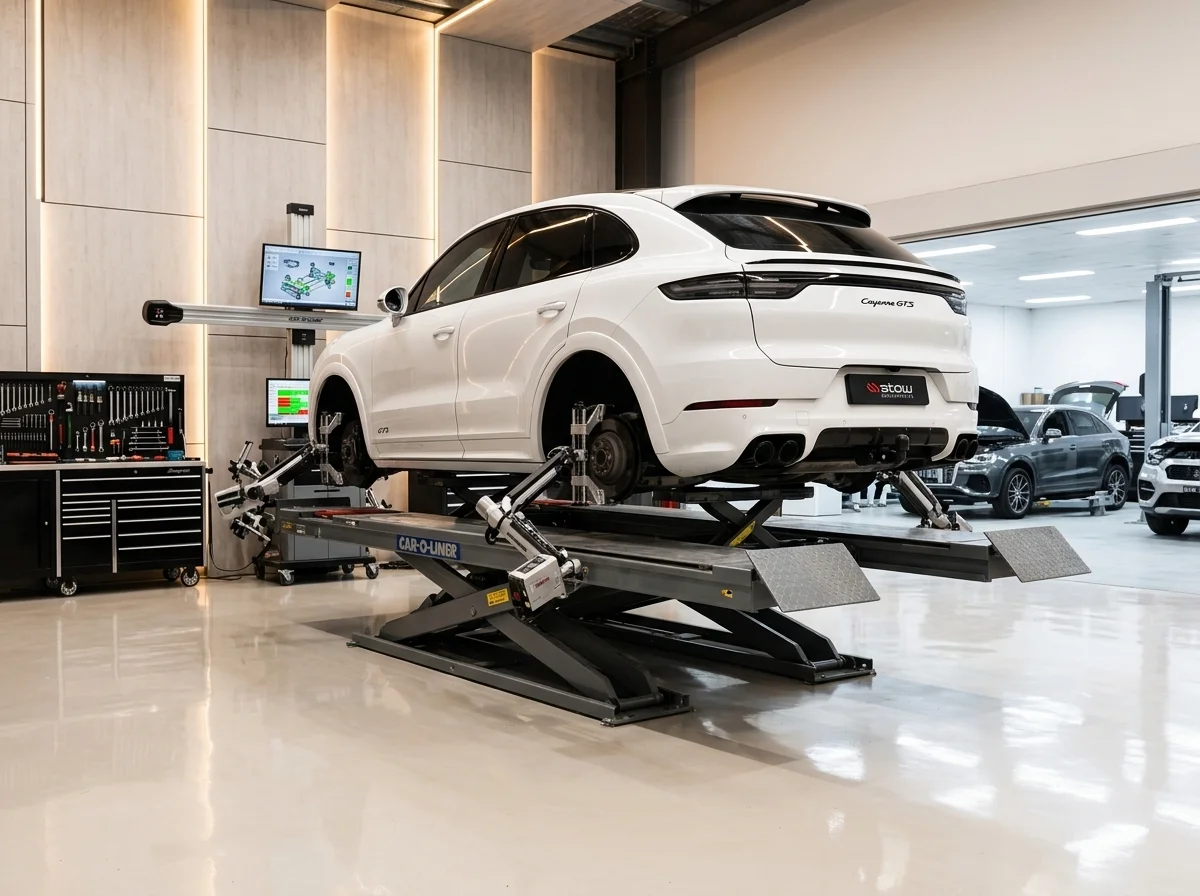 A vehicle mounted on a precision chassis alignment pulling jig in the workshop.