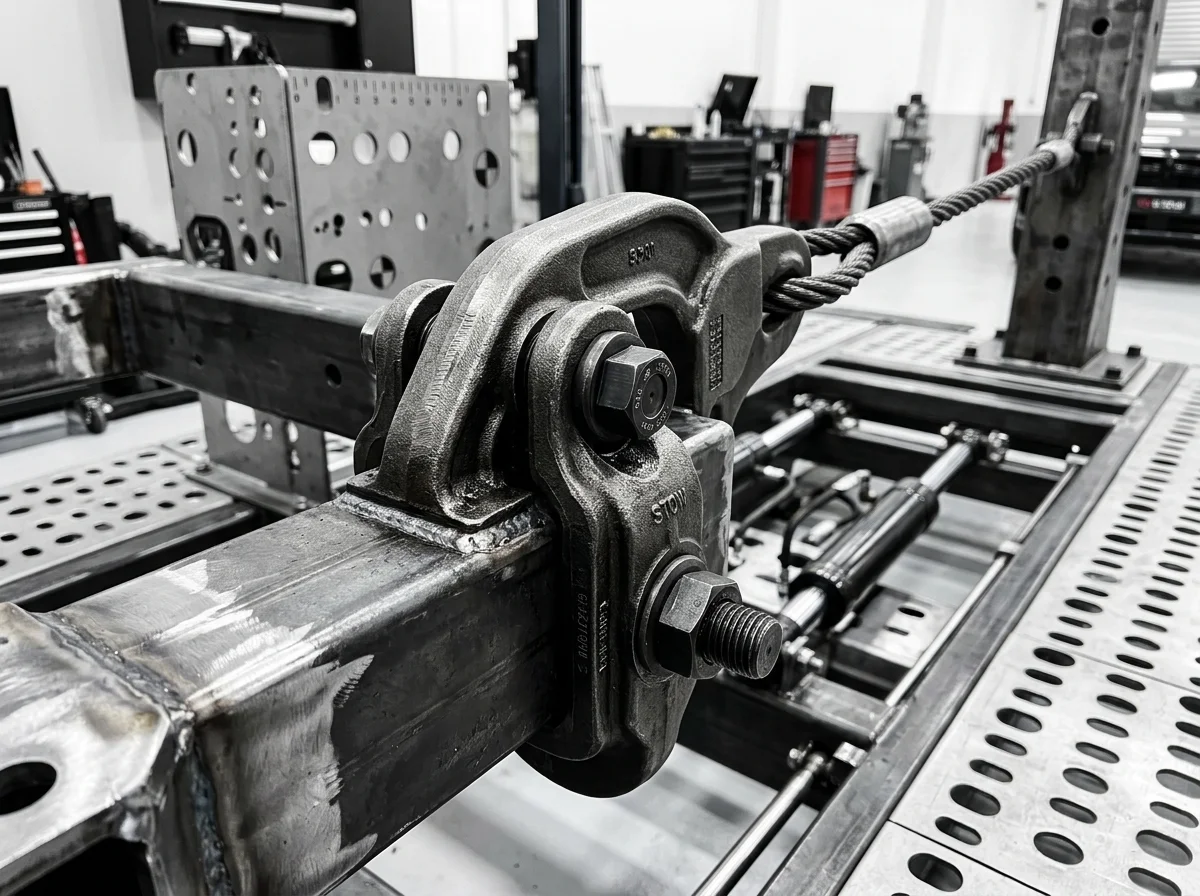 Chassis pulling clamp on the Car-O-Liner alignment bench at Stow Smash Repairs