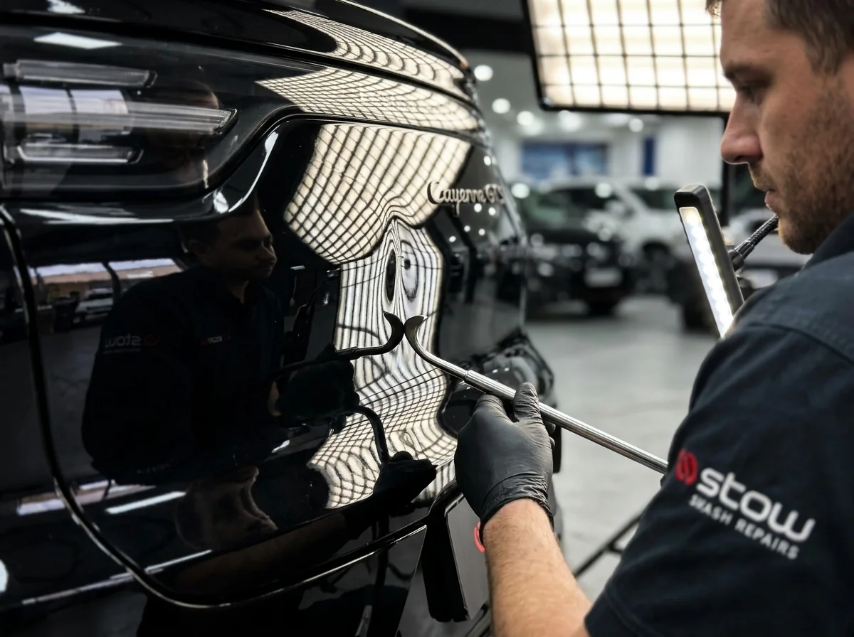 Technician using PDR rod to press out a dent in black vehicle body panels at Stow Smash Repairs