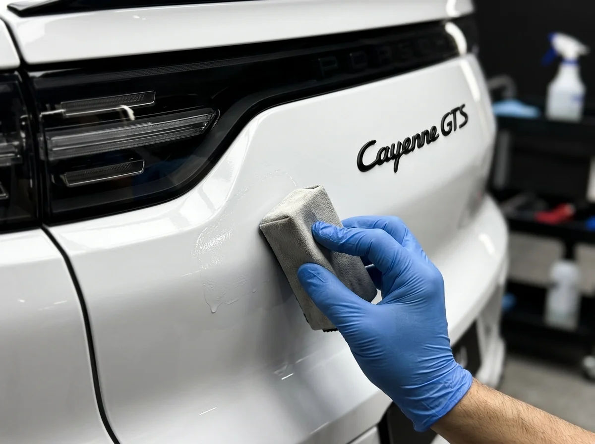 Detailer applying ceramic coating to a vehicle panel at Stow Smash Repairs