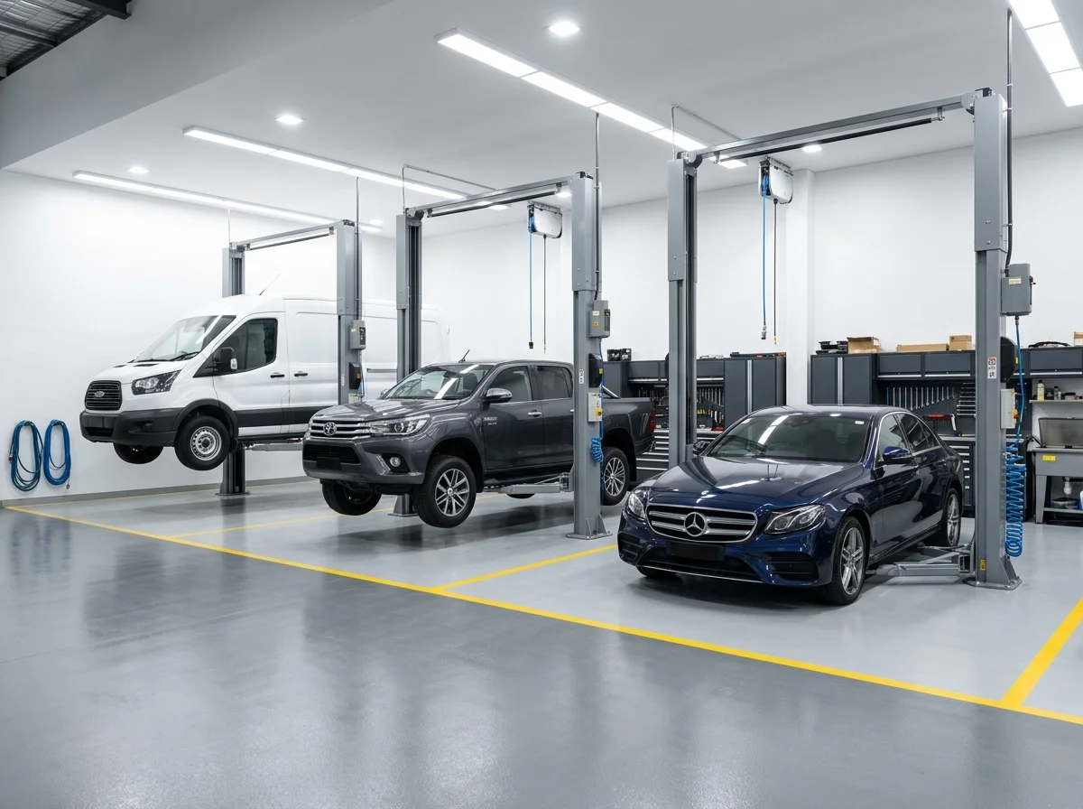 Commercial van, tradesman’s ute and prestige sedan parked on adjacent hoists in the same workshop bay at Stow Smash Repairs