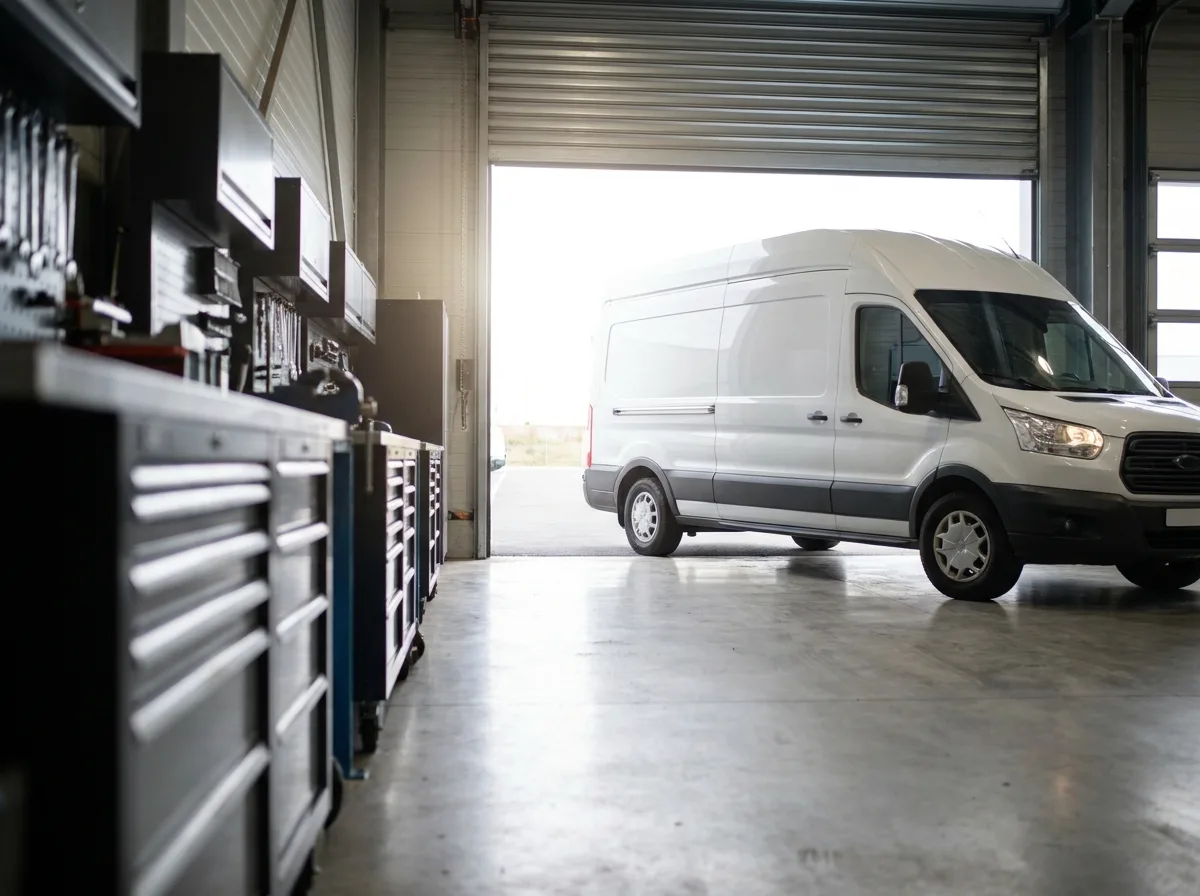 Delivery van driving out through the workshop roller door at Stow Smash Repairs