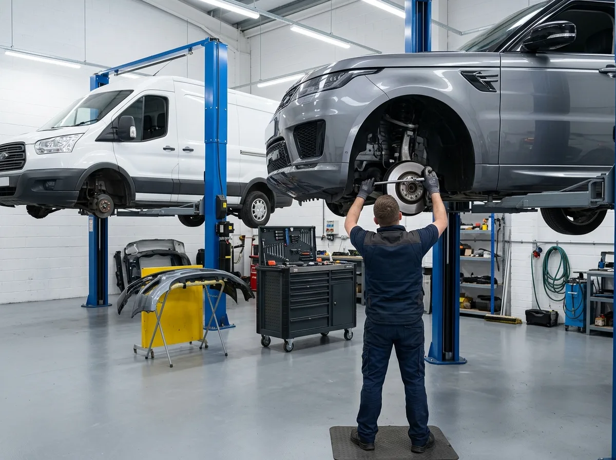 Commercial delivery van and prestige SUV raised on adjacent hoists at Stow Smash Repairs