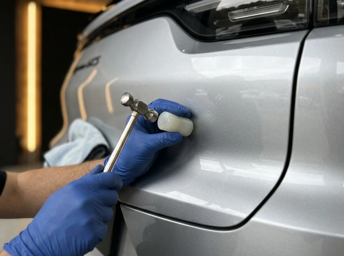 Technician using nylon tap-down tool to blend high spots on a silver panel at Stow Smash Repairs