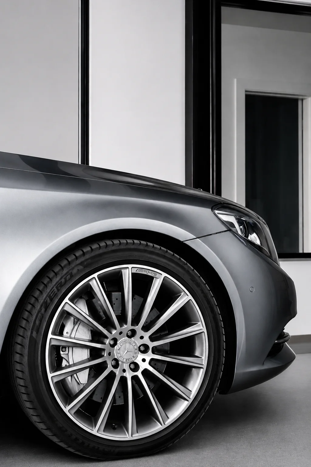 Close-up of a grey Mercedes-Benz front wheel, headlight and fender