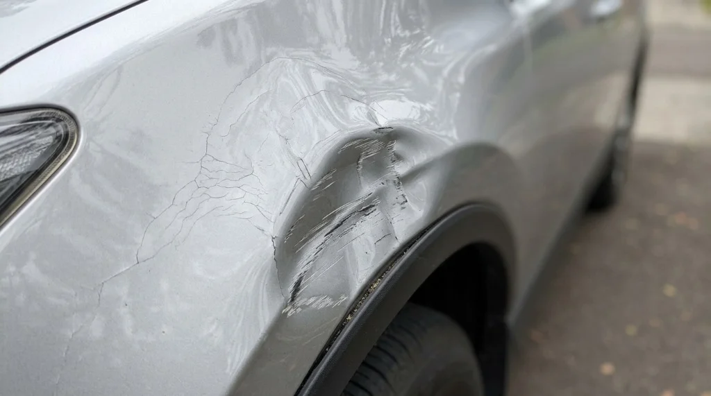 A dented front left fender photographed straight-on showing the panel deformation.