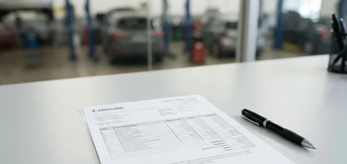 A clear itemized vehicle repair quote showing parts, paint, and labor costs.