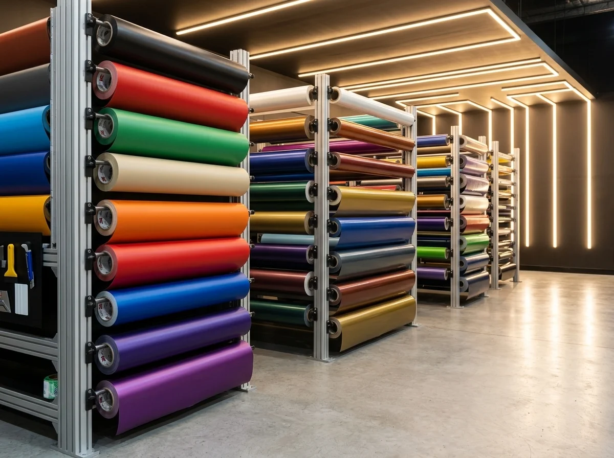 Racks of premium automotive vinyl wrap rolls at Stow Smash Repairs