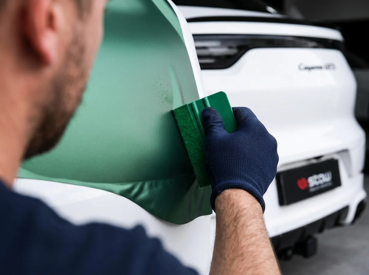 Technician laying satin green vinyl sheet on a fender panel at Stow Smash Repairs